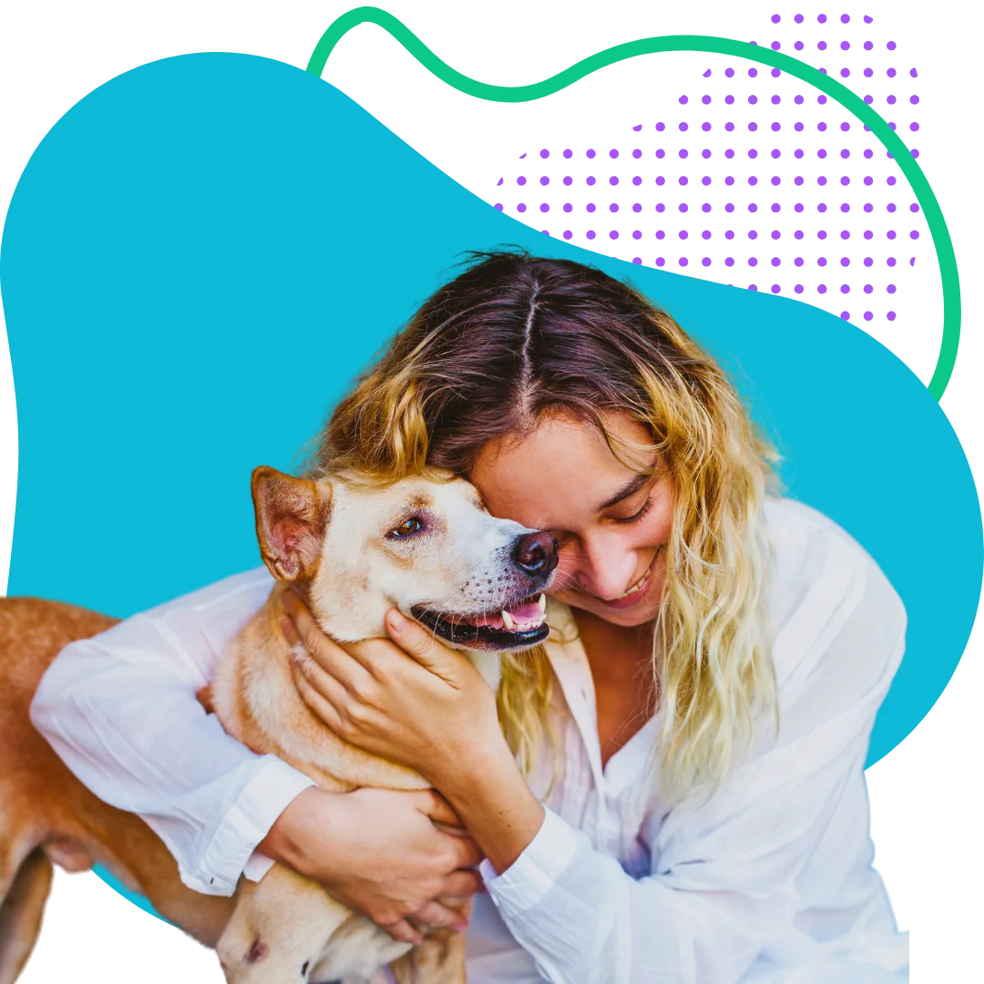 woman embracing her dog with a colorful abstract background
