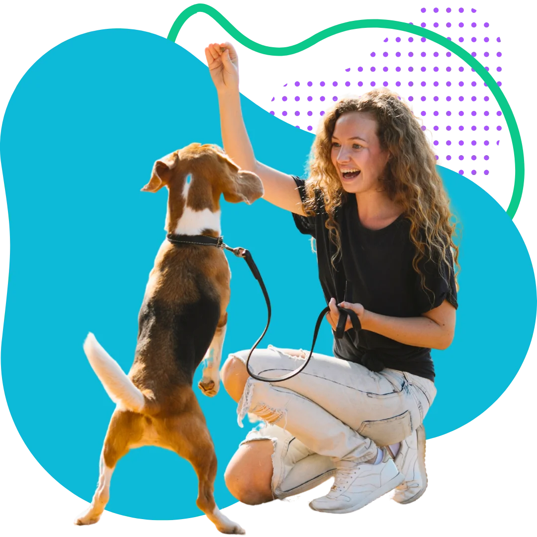 woman training with her dog with a colorful abstract background